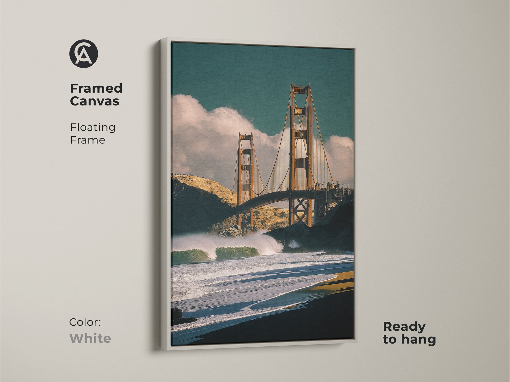 Framed canvas art of the Golden Gate Bridge with a white floating frame. Coastal home decor featuring ocean waves. This San Francisco artwork is ready to hang. An iconic landmark canvas.