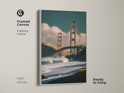 Framed canvas art of the Golden Gate Bridge with a white floating frame. Coastal home decor featuring ocean waves. This San Francisco artwork is ready to hang. An iconic landmark canvas.