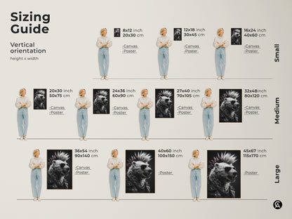 Vertical orientation sizing guide for punk rock bear art. The images show canvas and poster options. Sizes range from small to large. The art features a mohawk sunglasses bear. Choose the ideal size to enhance your wall decor. These pieces provide eclectic decor for music lovers and art collectors.