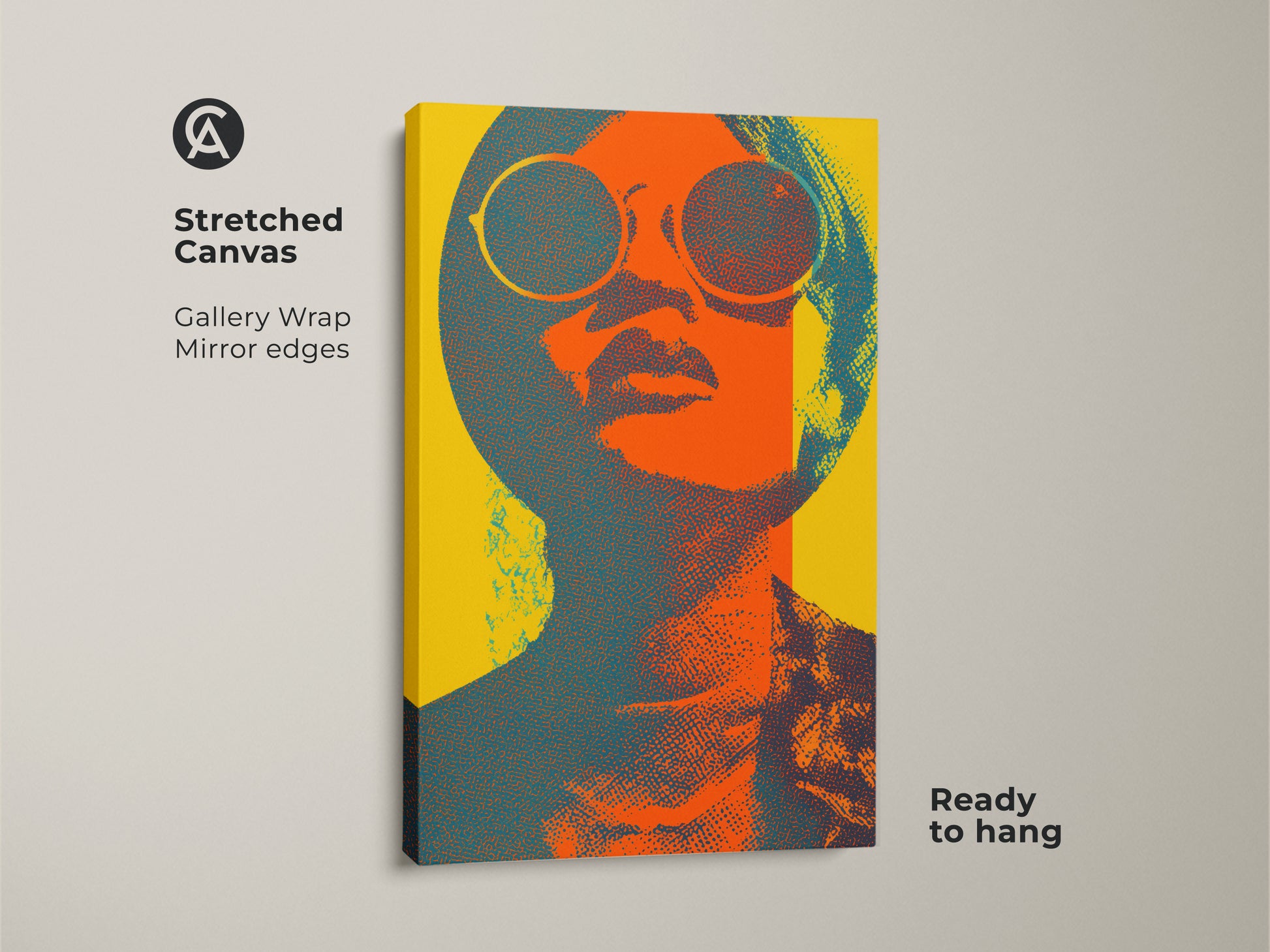 Stretched canvas gallery wrap of a pop art woman. The retro portrait is printed on canvas. The abstract sunglasses art is ready to hang. Orange teal and yellow decor create an eclectic wall art piece. A vintage style artwork with bold colors. Elevate your bedroom or living room with this unique home decor.
