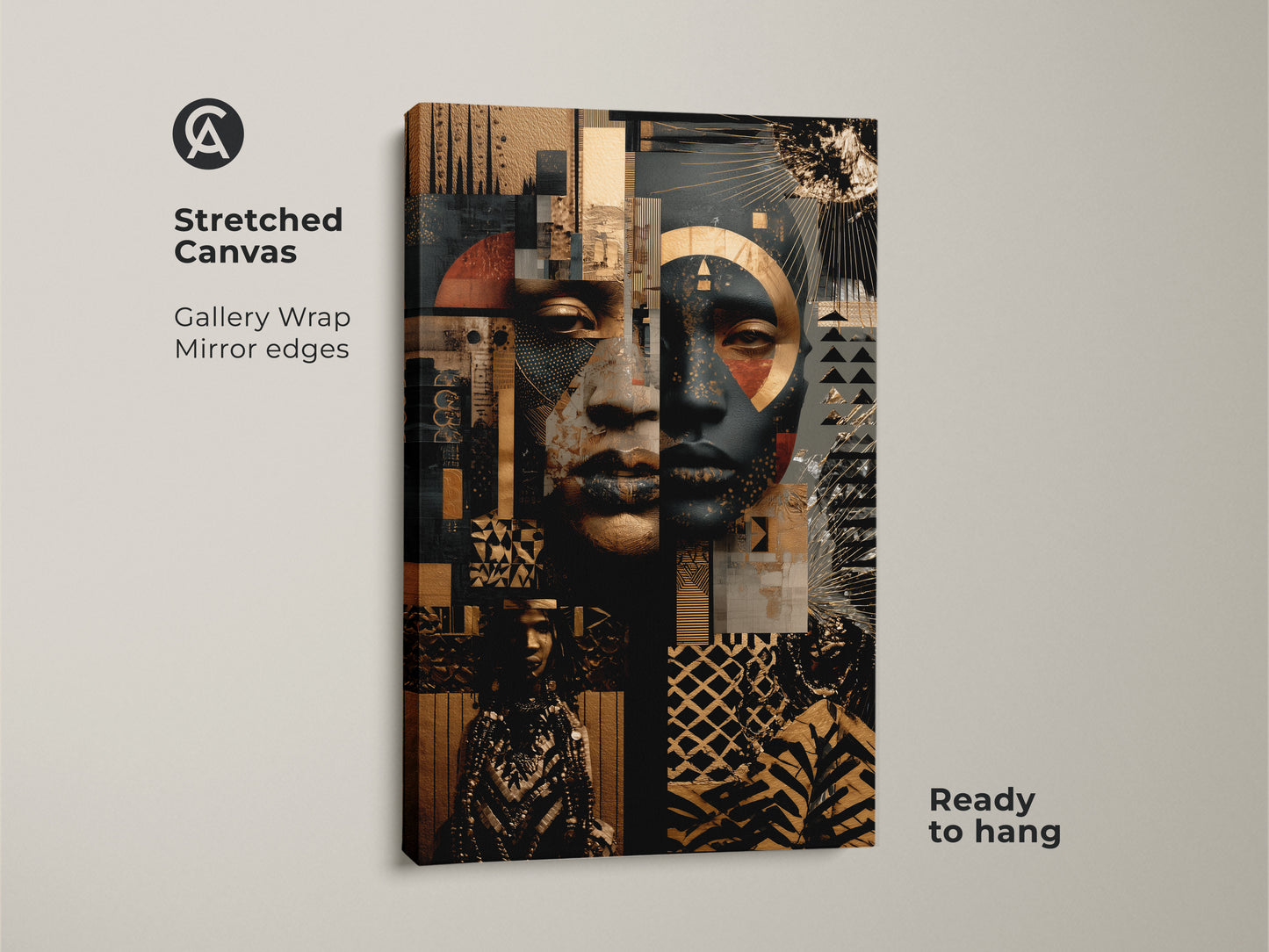 Stretched canvas gallery wrap showcasing an Afrofuturist portrait. The abstract portrait wall art has gold and black accents. Ready to hang mixed media African art. Geometric patterns add visual interest.