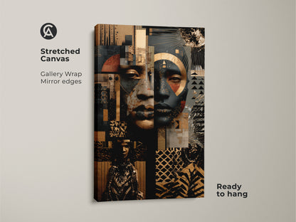 Stretched canvas gallery wrap showcasing an Afrofuturist portrait. The abstract portrait wall art has gold and black accents. Ready to hang mixed media African art. Geometric patterns add visual interest.