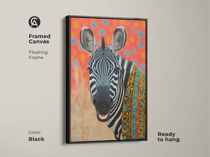 Framed canvas featuring tribal zebra artwork. Black floating frame enhances modern folk art. This boho animal print showcases African pattern wall art. Ready to hang in any room with eclectic decor. A colorful zebra painting for housewarming.
