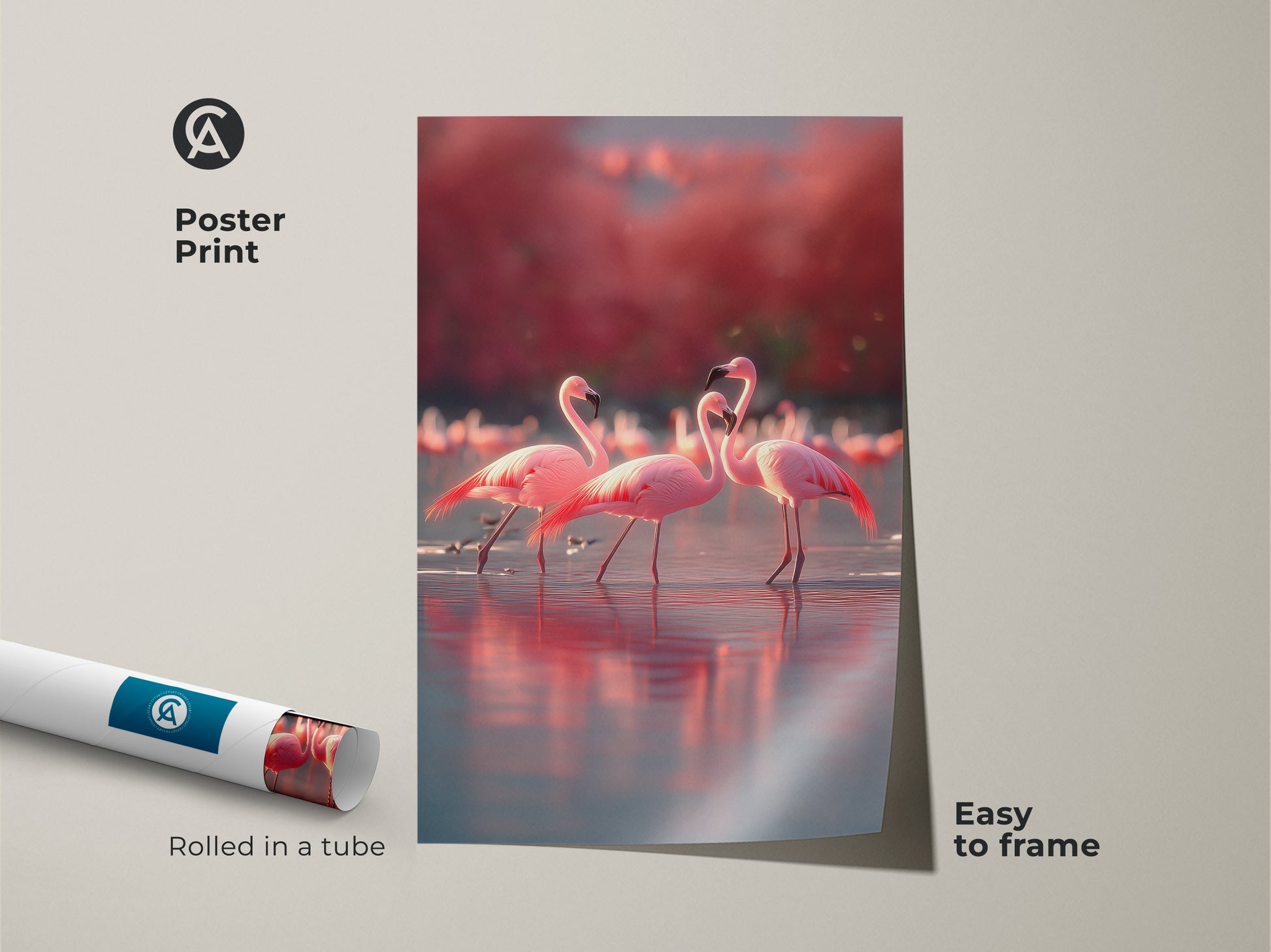 Poster print of flamingos rolled in a tube easy to frame. This tropical bird wall decor features a pink flamingo. A coastal beach house art piece brings nature indoors. The wildlife animal gift showcases rose coral tones. An exotic bird canvas print perfect for birdwatchers. Enhance your living space with this art.
