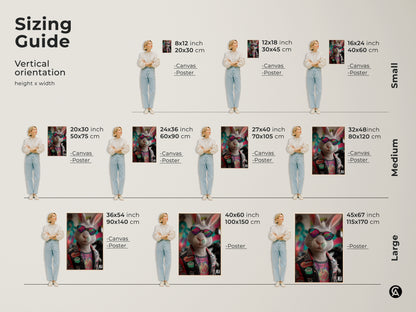 Sizing guide for punk rock bunny art prints. Visualize canvas and poster sizes with models. Find the ideal fit for your space. Perfect animal wall decor for teen rooms or man caves. This unique art adds an edgy style. Shop alternative artwork today to find your perfect piece