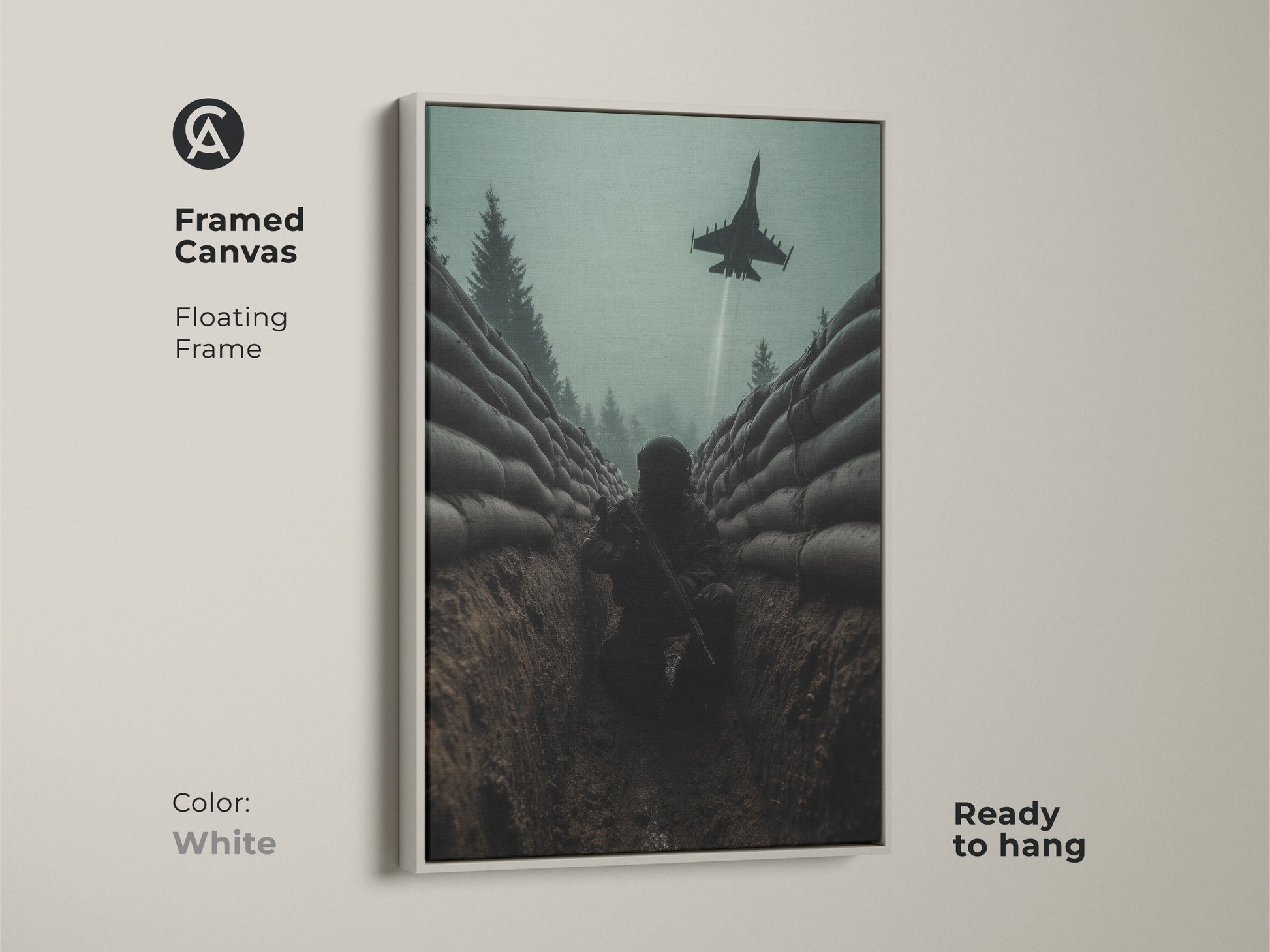 This framed canvas art shows a soldier in a trench. A fighter jet is flying above. The floating frame comes in white. This military canvas is ready to hang. It's a compelling narrative for military and aviation art lovers.