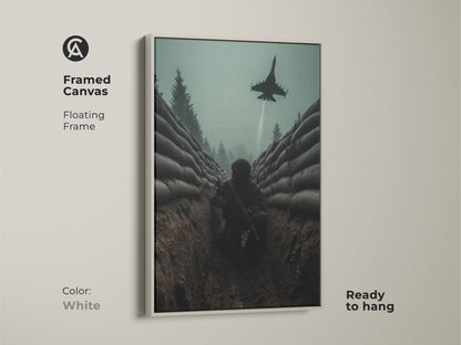 This framed canvas art shows a soldier in a trench. A fighter jet is flying above. The floating frame comes in white. This military canvas is ready to hang. It's a compelling narrative for military and aviation art lovers.