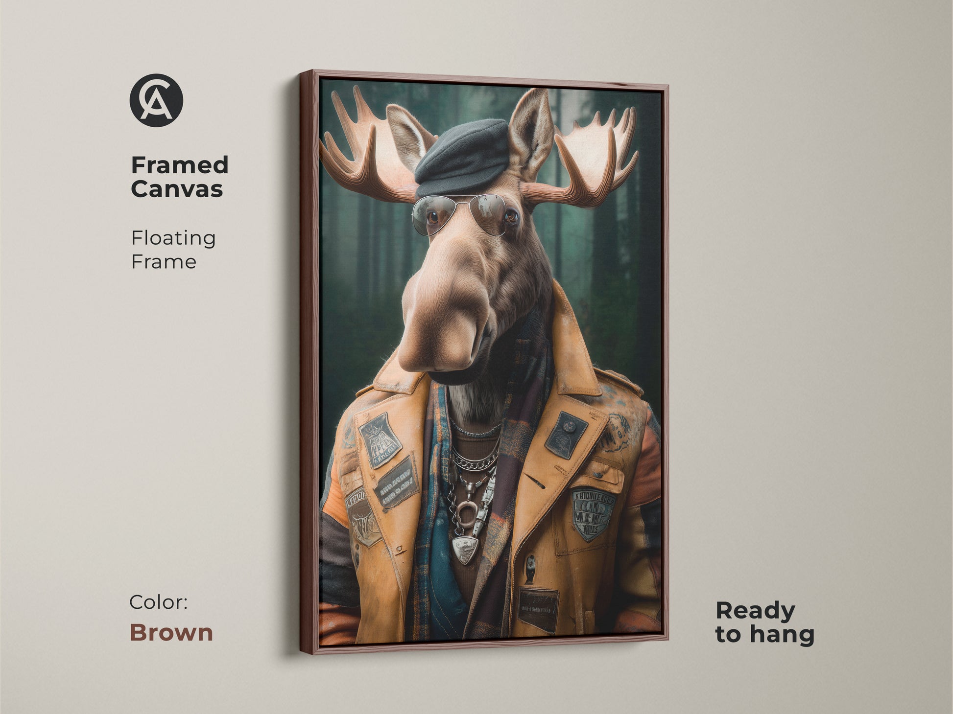 Framed canvas featuring the 'Dapper Moose' artwork. The brown floating frame enhances the piece. This surreal animal portrait brings an eclectic touch. Ready to hang in a rustic living room.