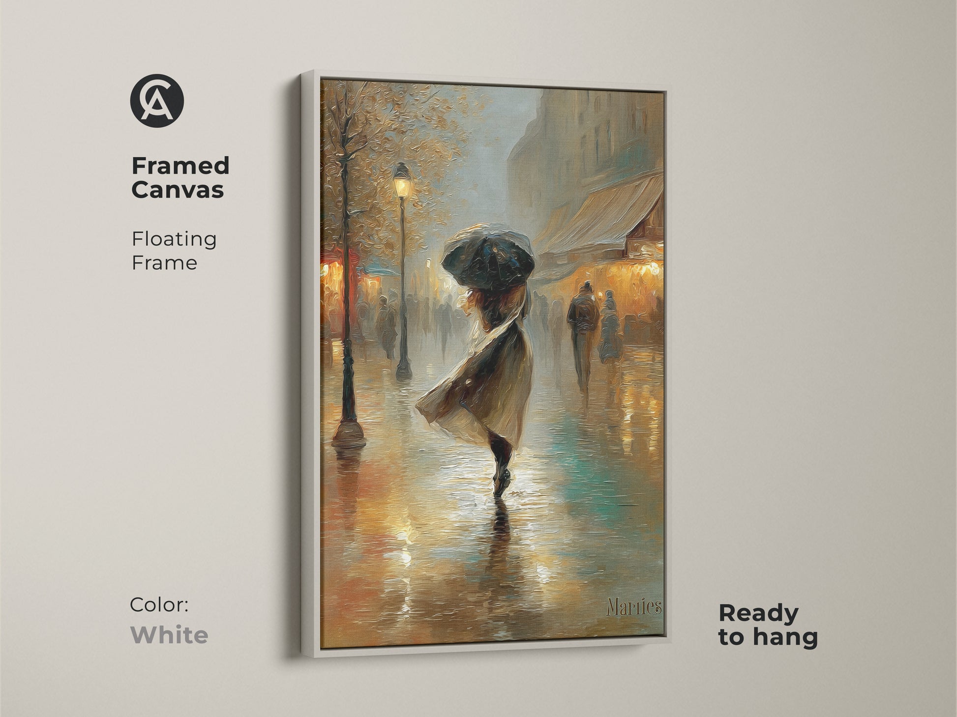 This white framed canvas features a Parisian street scene. The artwork showcases a woman with an umbrella. The impressionist gold and teal tones add a sophisticated touch. It is ready to hang and enhances any space with European charm. A great housewarming gift for her.