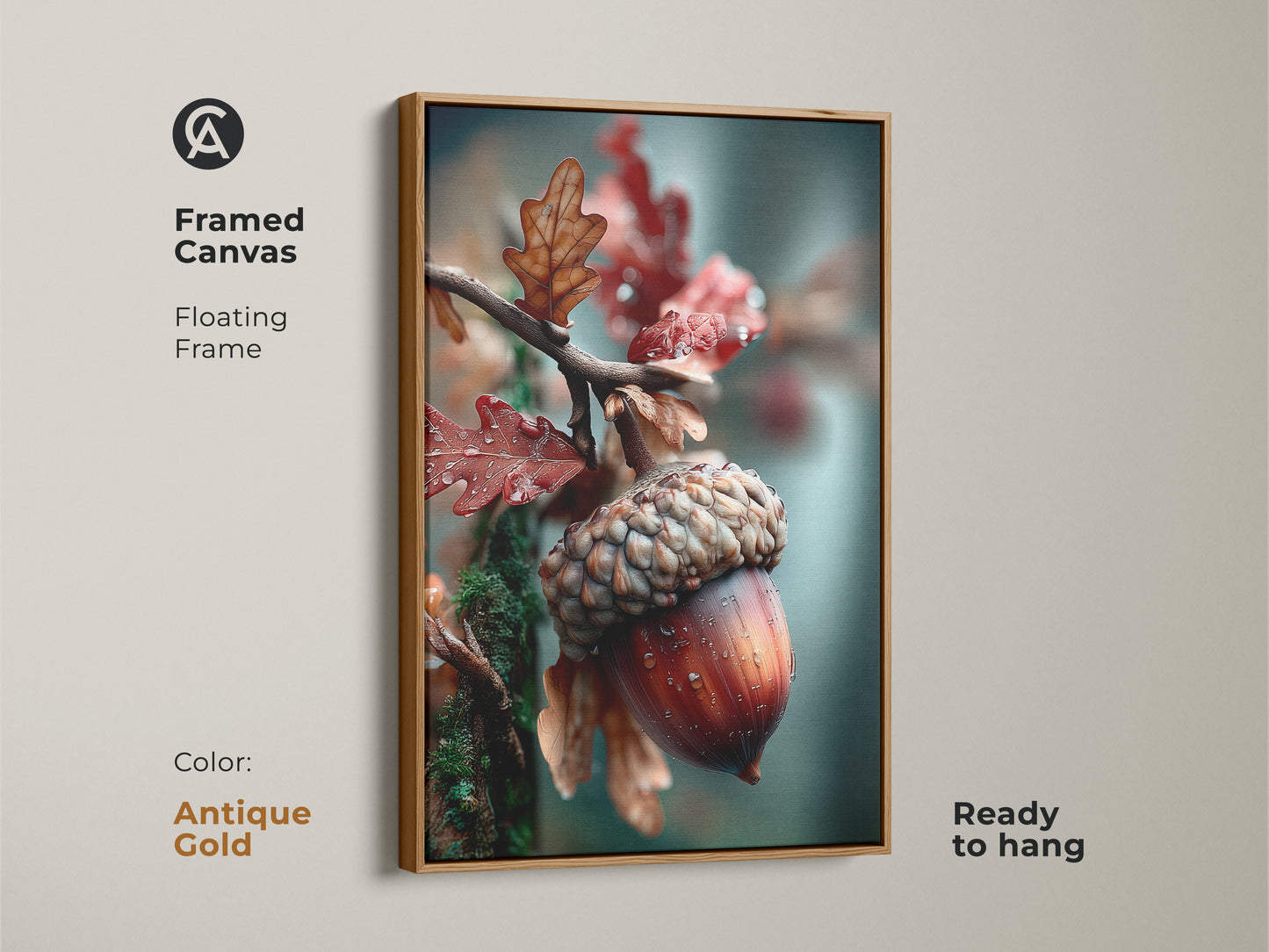 Framed acorn and leaf canvas art with an antique gold floating frame. This ready-to-hang artwork brings nature indoors. The antique gold frame adds elegance to the art. Ideal for creating a sophisticated atmosphere.