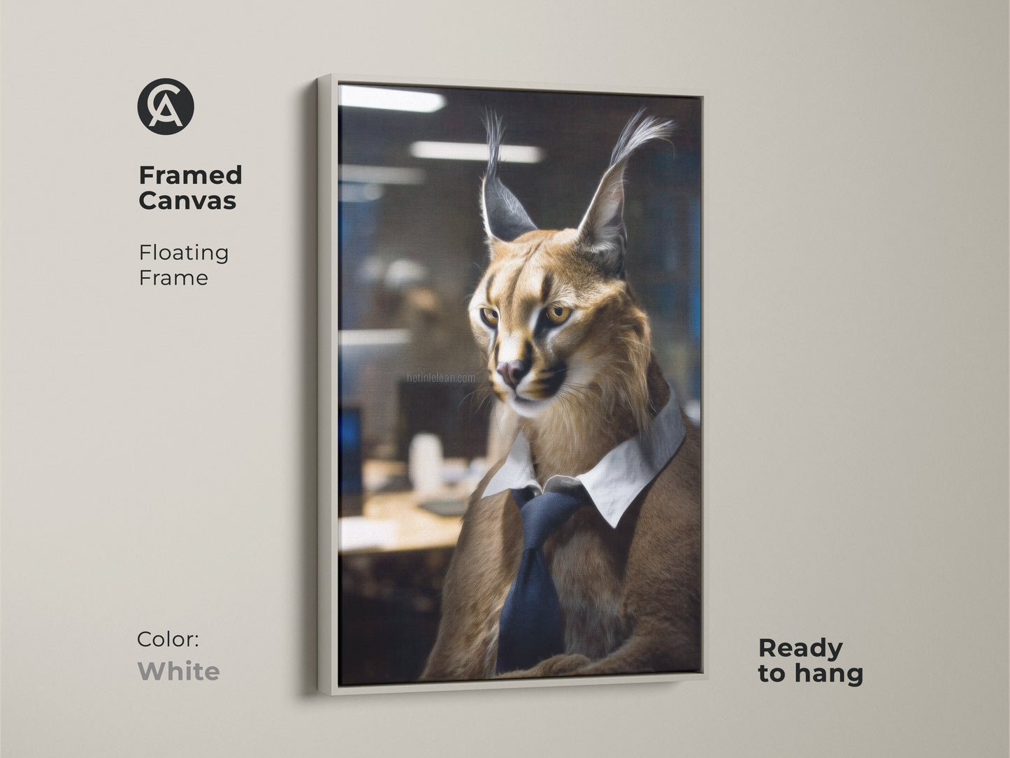 Framed Canvas artwork of a Caracal in business attire. This modern animal canvas print is ready to hang. The white floating frame enhances this unique housewarming gift perfectly.