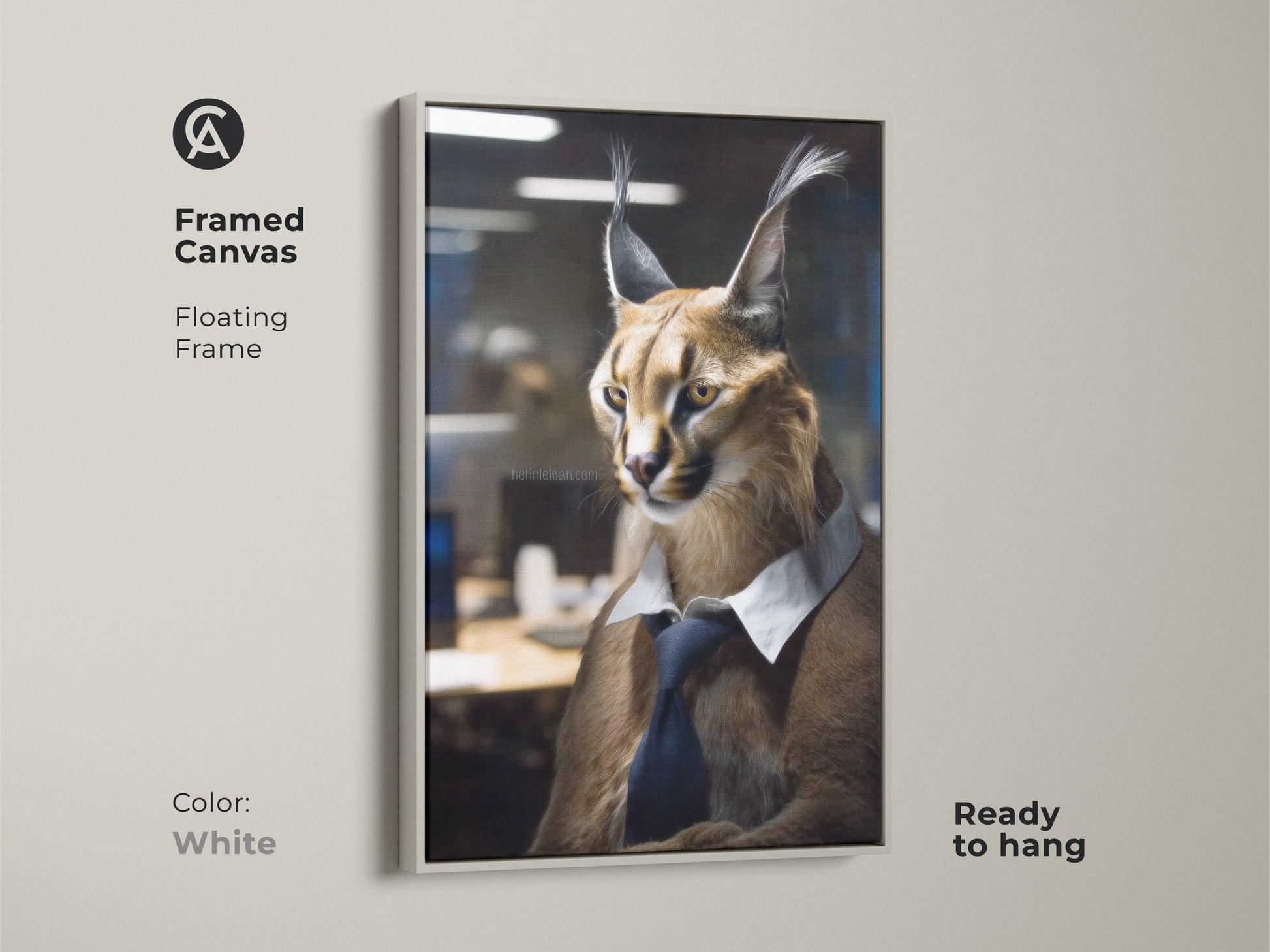Framed Canvas artwork of a Caracal in business attire. This modern animal canvas print is ready to hang. The white floating frame enhances this unique housewarming gift perfectly.