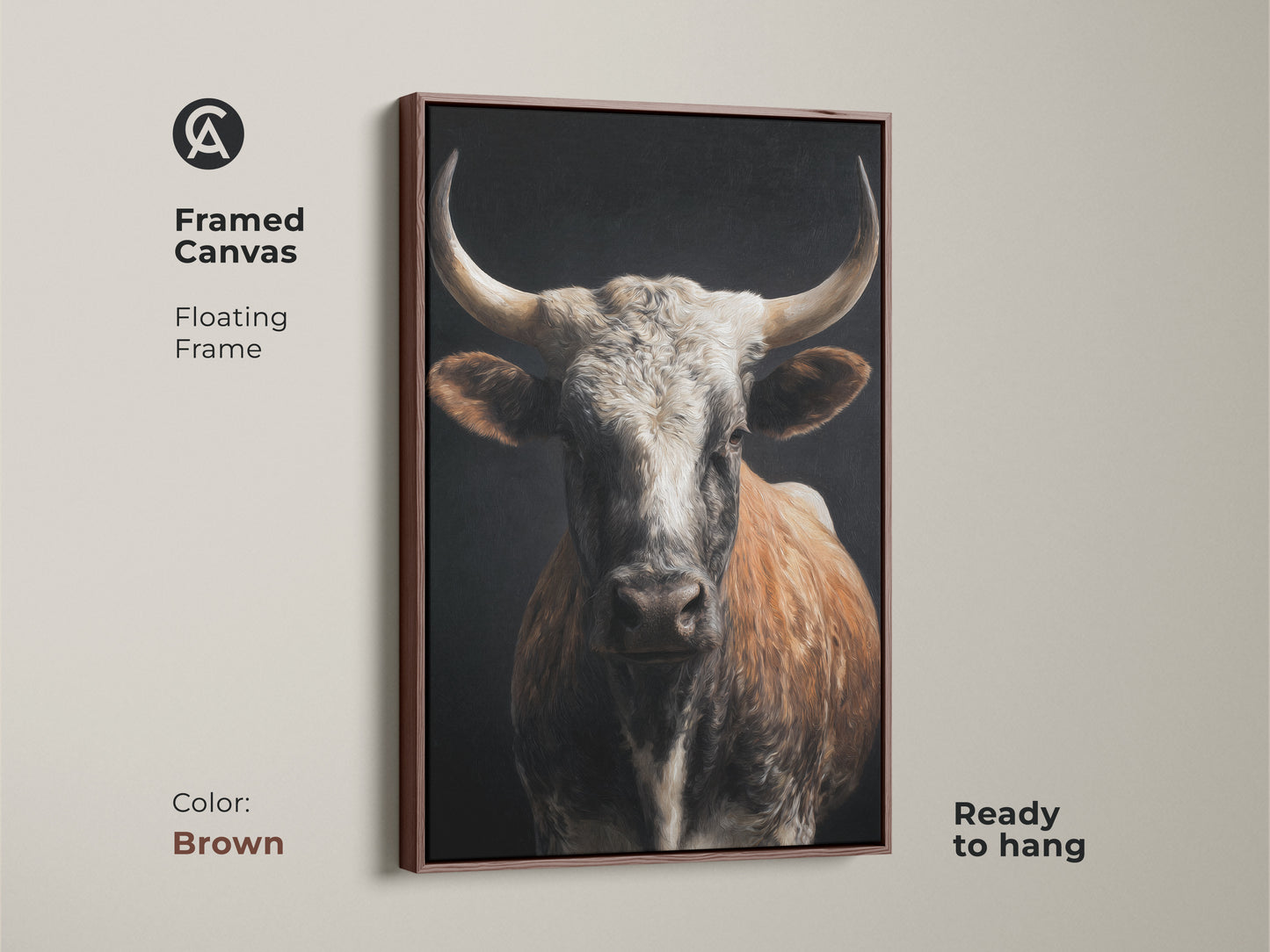 Framed canvas featuring realistic bull artwork with a floating frame in brown. The tan white and brown tones enhance its rustic animal print decor. Ready to hang. The farmhouse cow wall art adds charm to any space. Perfect for country style home decor. This wildlife farm animal art is a stunning focal point.