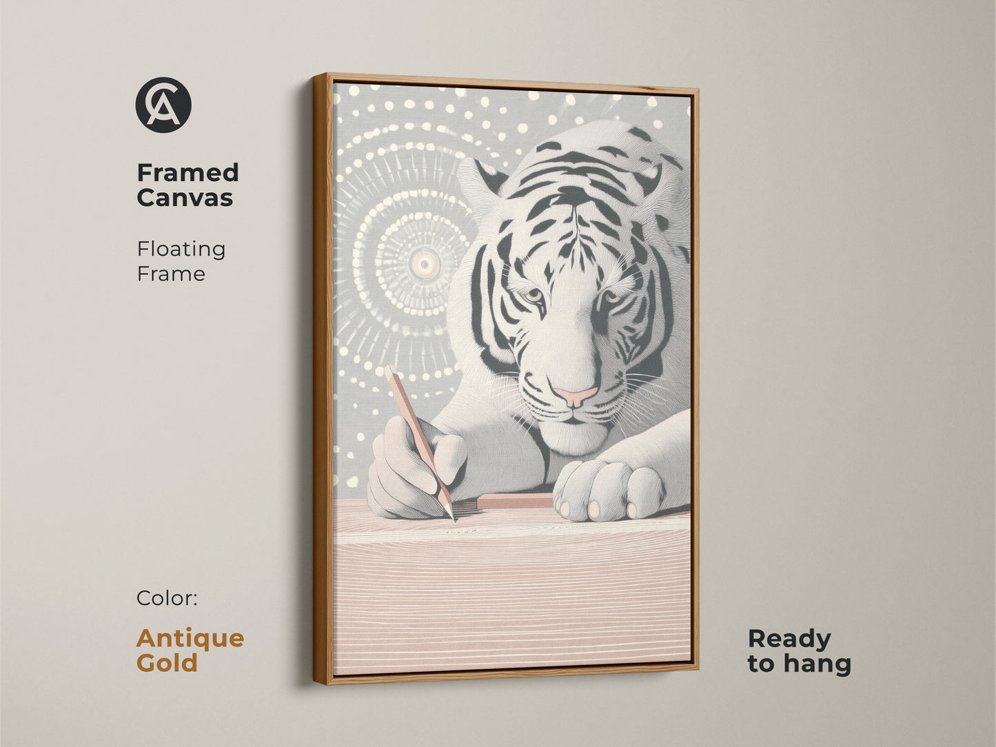 Framed canvas showcasing the minimalist white tiger artwork. A golden frame adds a unique touch to the abstract line art. This modern animal wall decor is perfect as a gift for creatives. Enhance your study or office with this sophisticated art. This print is ready to hang.