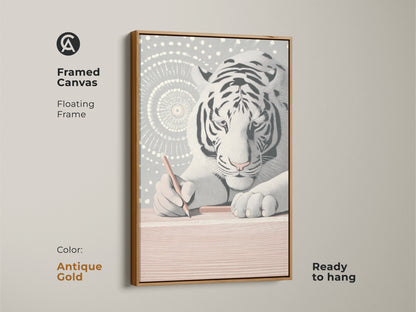Framed canvas showcasing the minimalist white tiger artwork. A golden frame adds a unique touch to the abstract line art. This modern animal wall decor is perfect as a gift for creatives. Enhance your study or office with this sophisticated art. This print is ready to hang.