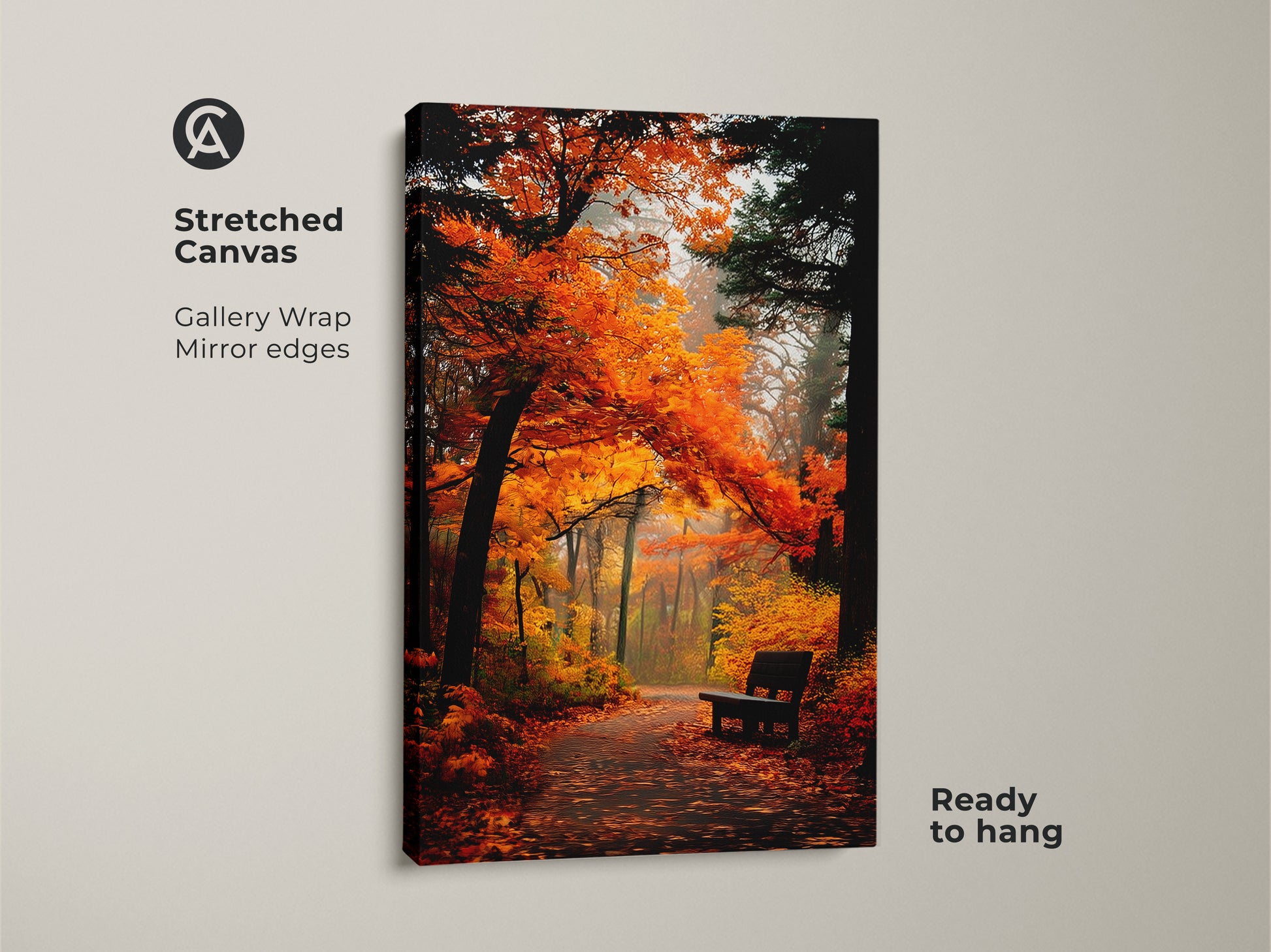 Bring the colors of fall indoors with this stunning stretched canvas. The artwork features a peaceful park scene with fiery orange foliage. A bench offers a moment of rest along the path. The gallery wrap and mirror edges give it a modern touch. This artwork is ready to transform your home.