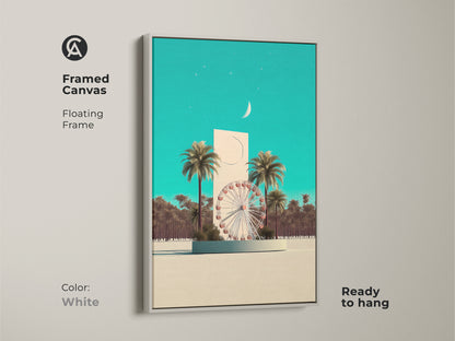 This Framed canvas artwork is in white. Features a surreal Ferris wheel with palm trees. This neutral wall art is ready to hang. Makes a unique travel lover gift. Contemporary entry hall art.