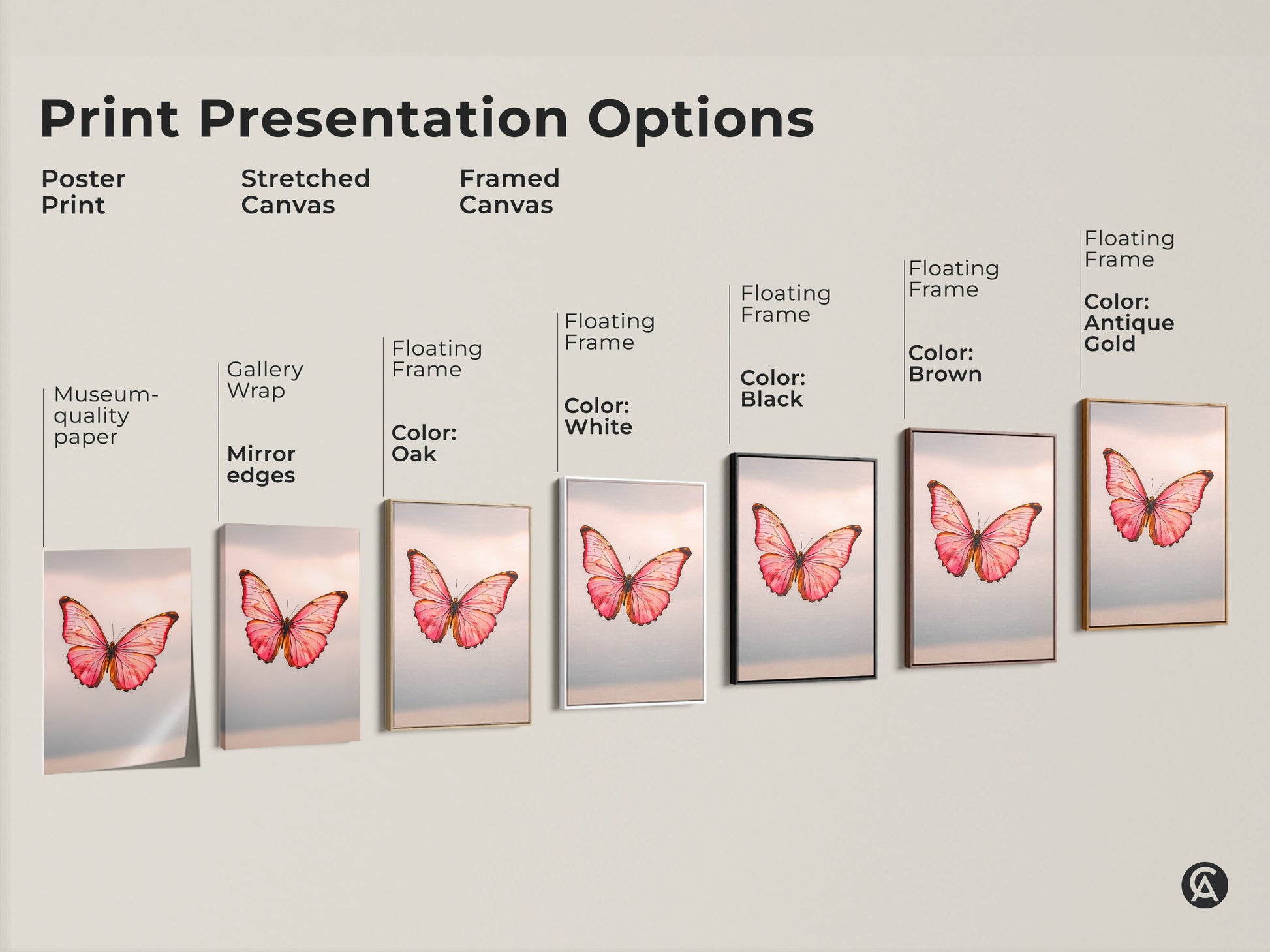Print presentation options for minimalist butterfly art. See poster prints stretched canvas and framed canvas options. The modern nature insect wall decor features a pink peach and rose gold canvas. It's perfect bedroom or office art.