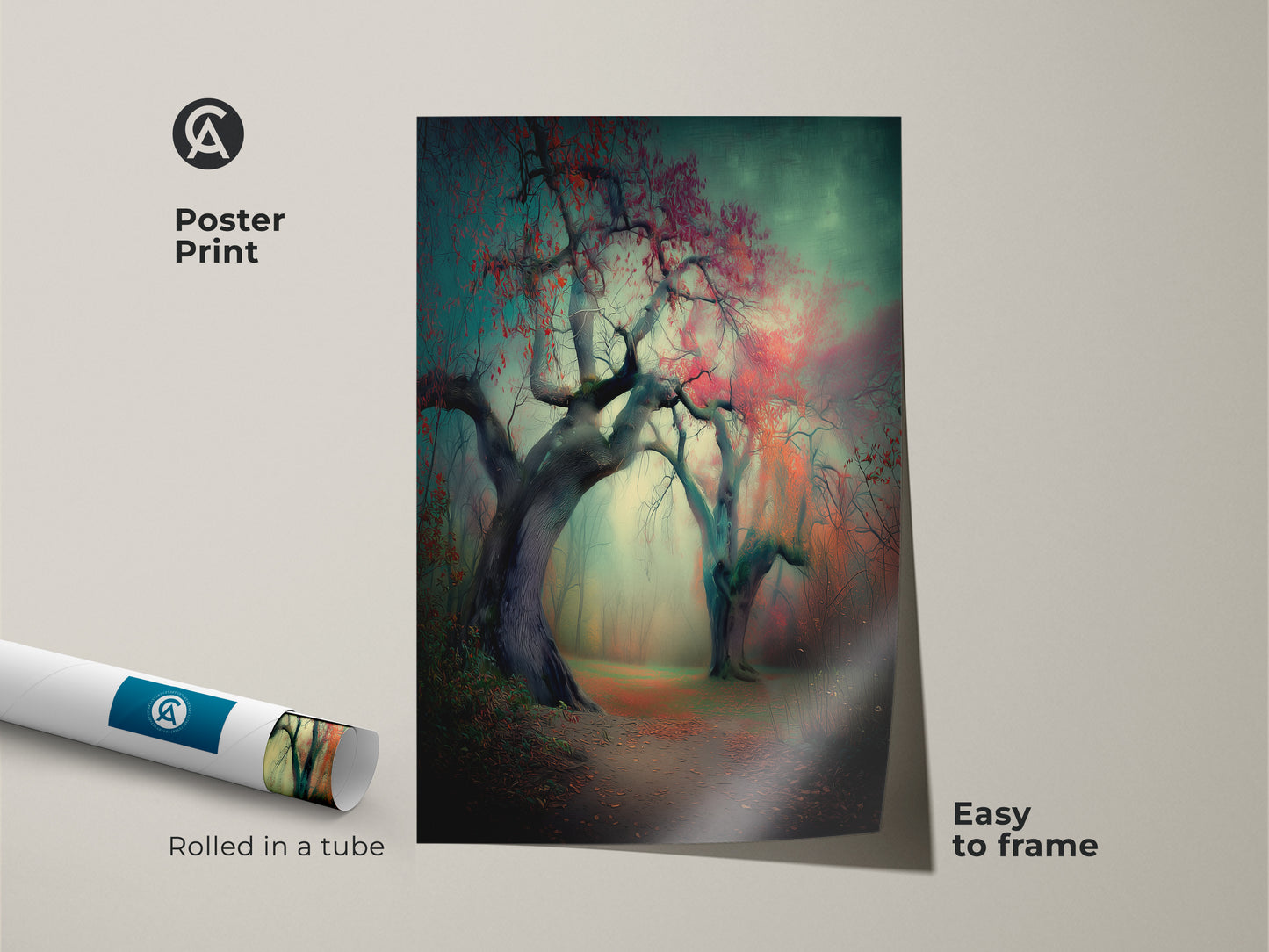 Poster print of a misty forest path artwork. The print comes rolled in a tube. This high-quality poster is easy to frame. It's a perfect way to bring a touch of the outdoors into your home decor.