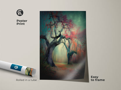 Poster print of a misty forest path artwork. The print comes rolled in a tube. This high-quality poster is easy to frame. It's a perfect way to bring a touch of the outdoors into your home decor.