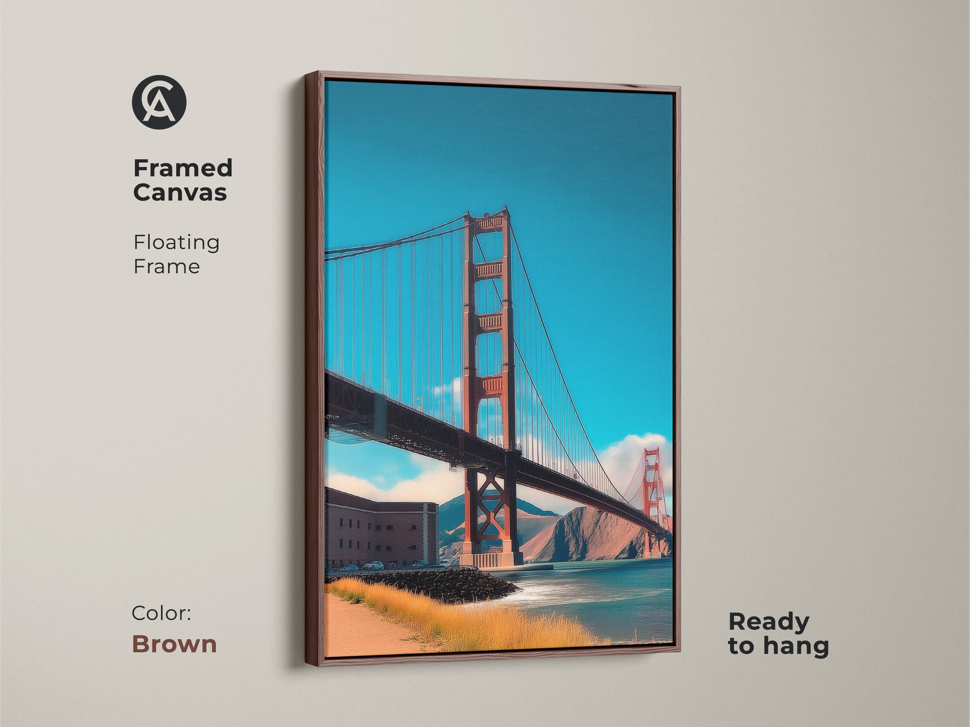 Brown framed canvas art featuring San Francisco's Golden Gate Bridge. The floating frame adds elegance to this cityscape photography. This ready-to-hang piece suits any residential art decor.