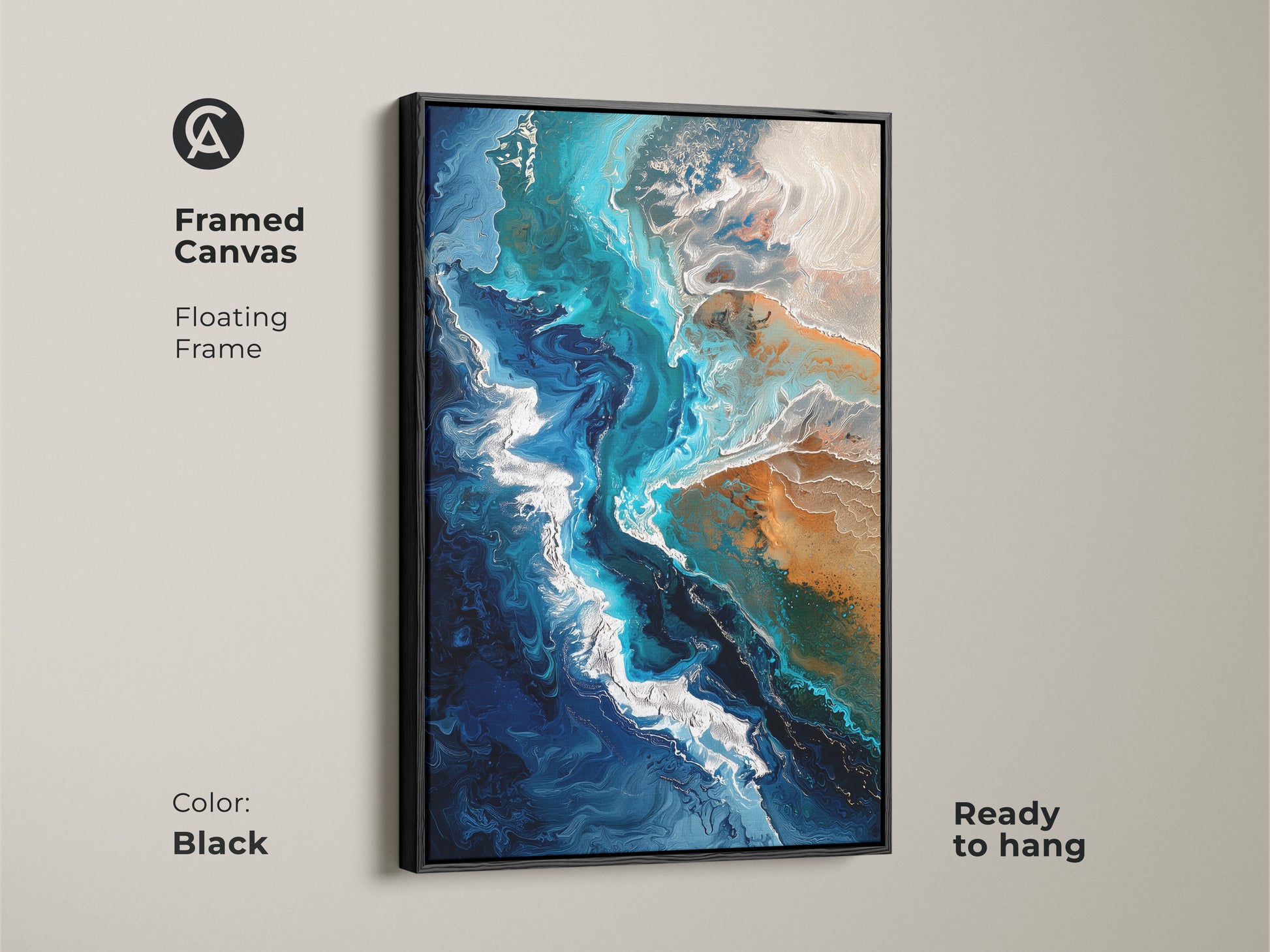 Framed canvas in black showcasing abstract ocean wave artwork. Floating frame gives a modern look to this teal blue fluid art print. Ready to hang coastal art.
