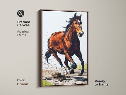 Framed canvas of a chestnut horse galloping in a brown floating frame. Expressive wildlife artwork ready to hang. This dynamic animal artwork adds a rustic touch. Shop equestrian home decor today.