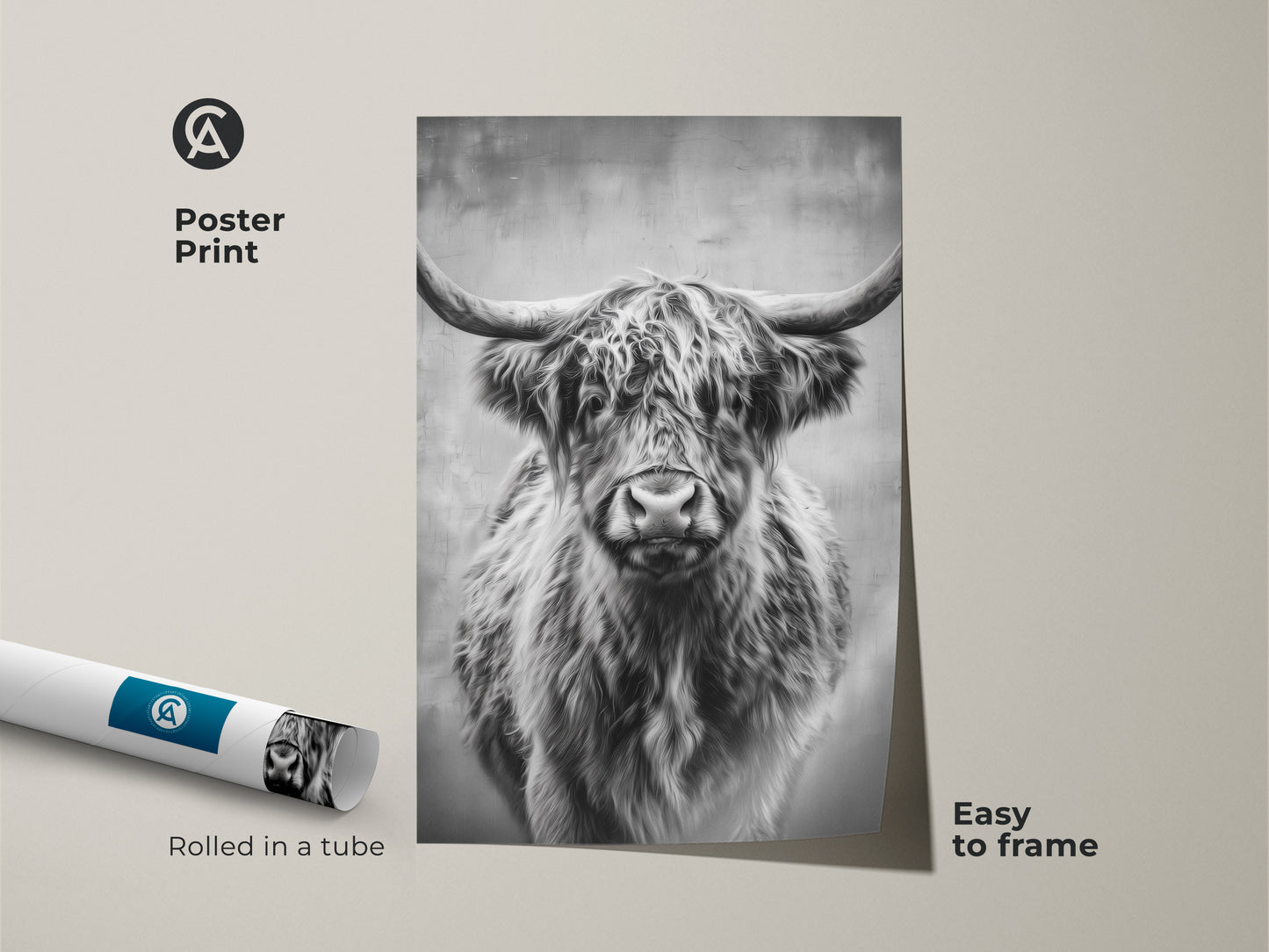 This poster print showcases a monochrome Highland Cow. It is an easy to frame artwork. The black and white animal art enhances a rustic living room. It comes rolled in a tube for protection. A Scottish cow print adds character.