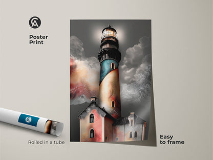 This poster print features coastal lighthouse artwork. The illustrative design with abstract clouds adds a touch of artistry. The teal orange and grey colors create a seaside aesthetic. It is an easy-to-frame nautical art print.