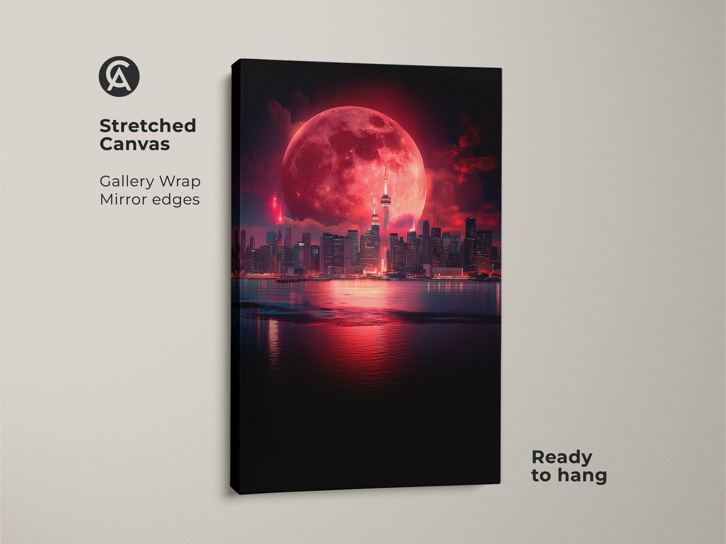 Stretched canvas artwork displaying a surreal cityscape under a crimson moon. The gallery wrap with mirror edges enhances the contemporary look. Ready to hang this fantasy night sky print brings an adventurous touch to any room and a unique travel gift
