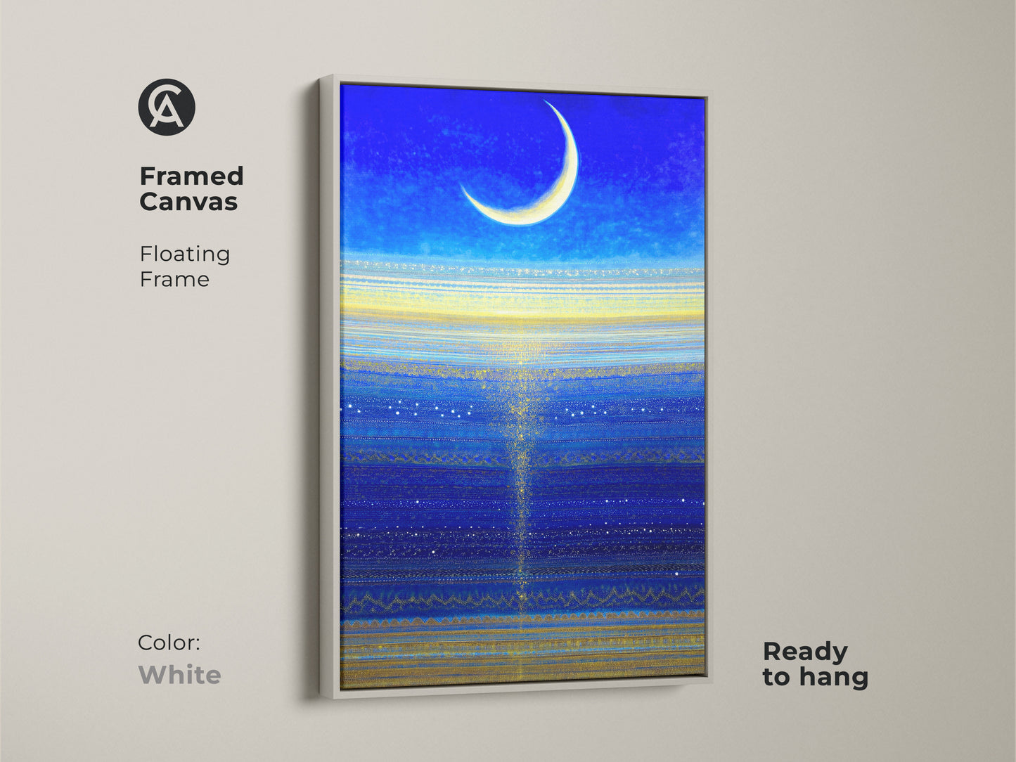 Celestial canvas art in a white floating frame ready to hang. The framed art adds a unique touch to your space. This cosmic artwork is perfect for any room.