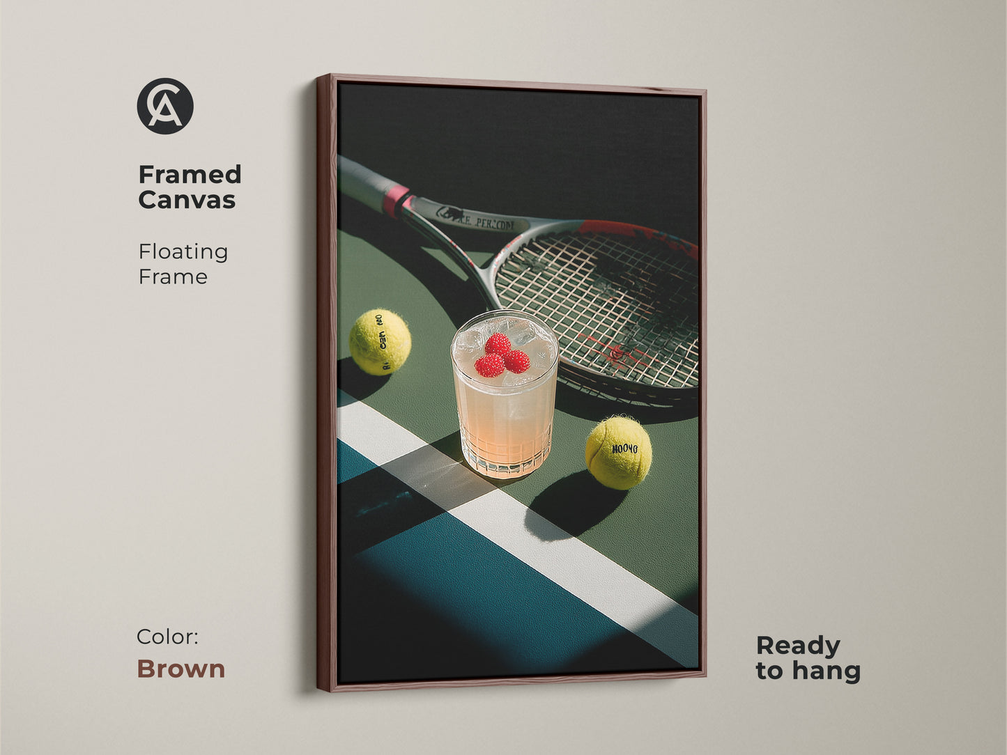 Framed canvas art with a floating frame in brown. The artwork features a tennis court cocktail tennis balls and racket. This framed piece is ready to hang and brings warmth to any room decor.