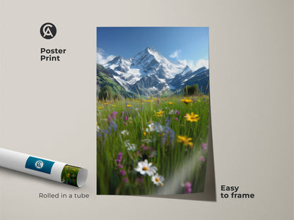 Poster print of alpine flowers and snow mountains. The impressionistic art is rolled in a tube for easy framing. This scenic landscape is a great housewarming gift. Bring rustic beauty to your home with this wildflower meadow print. It captures the charm of nature.