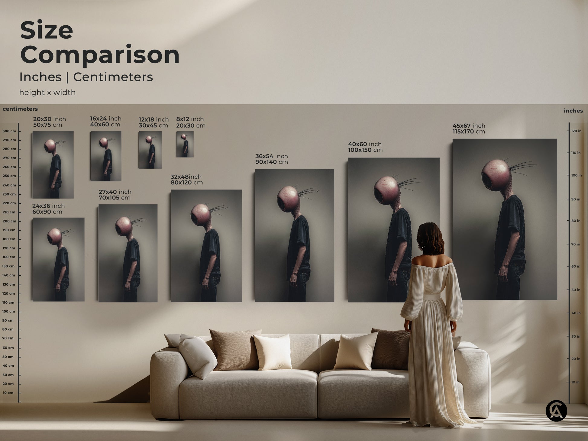 Size comparison of surreal alien art in a home setting. See how canvas prints fit above sofas. Sizes range from small to large. Choose the ideal scale to complement your alternative decor. Transform your space with bizarre eyeball head art.