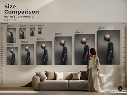 Size comparison of surreal alien art in a home setting. See how canvas prints fit above sofas. Sizes range from small to large. Choose the ideal scale to complement your alternative decor. Transform your space with bizarre eyeball head art.