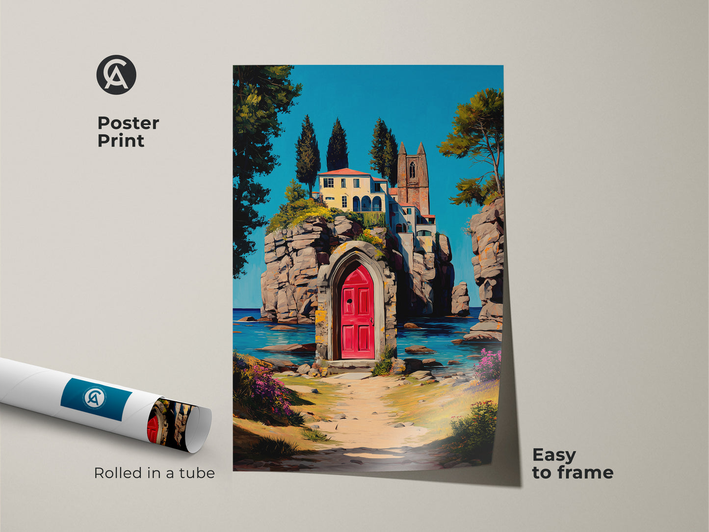 Poster print of a Mediterranean villa art. The artwork shows a coastal town on a cliff with a striking red door and teal blue sea. The impressionistic landscape is easy to frame. Perfect for travel lovers adding European charm to their wall art collection.