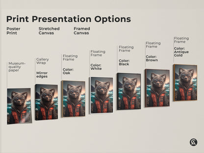 Print Presentation Options for Arctic Fox wearing glasses art. The artwork includes a poster print stretched canvas and framed canvas in museum quality paper. Floating frame colors are oak white black brown and antique gold. This a gallery wrap with mirror edges.
