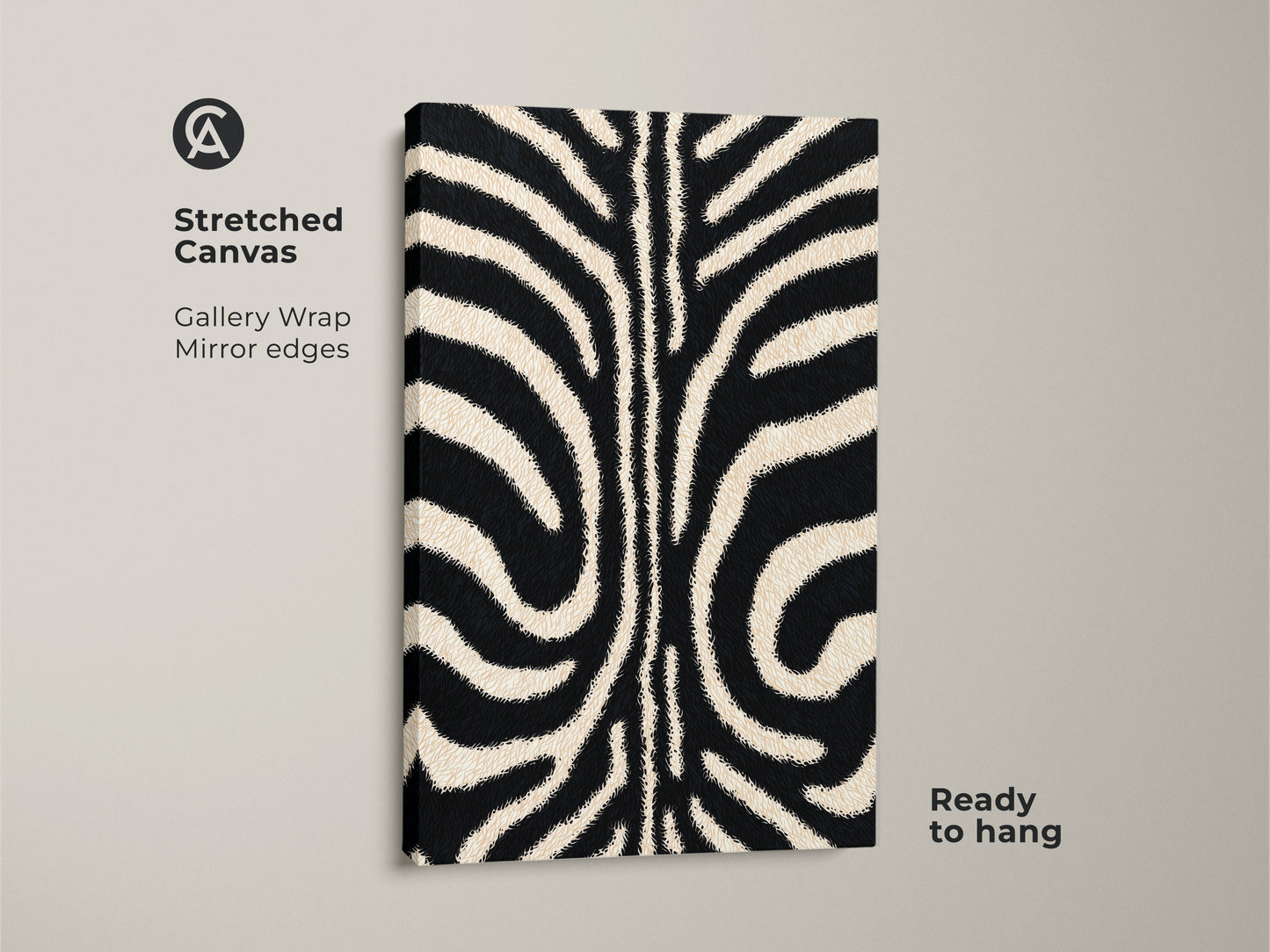 Close-up of a stretched canvas featuring abstract zebra stripes. This minimalist animal art has gallery-wrapped edges. The beige and black pattern offers a modern touch. Ready to hang and enhance any home decor.