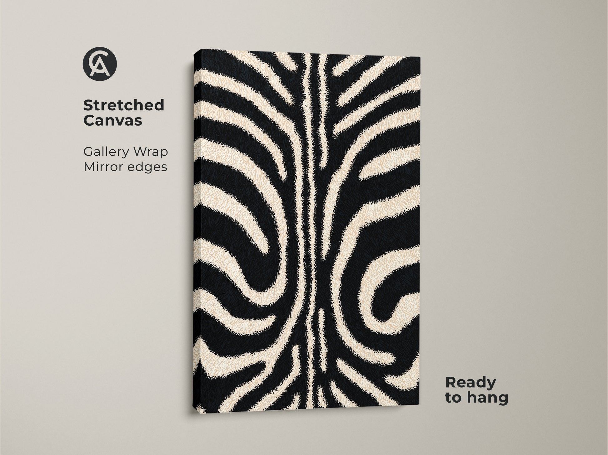 Close-up of a stretched canvas featuring abstract zebra stripes. This minimalist animal art has gallery-wrapped edges. The beige and black pattern offers a modern touch. Ready to hang and enhance any home decor.