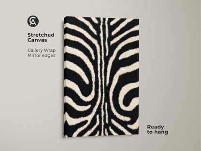 Close-up of a stretched canvas featuring abstract zebra stripes. This minimalist animal art has gallery-wrapped edges. The beige and black pattern offers a modern touch. Ready to hang and enhance any home decor.
