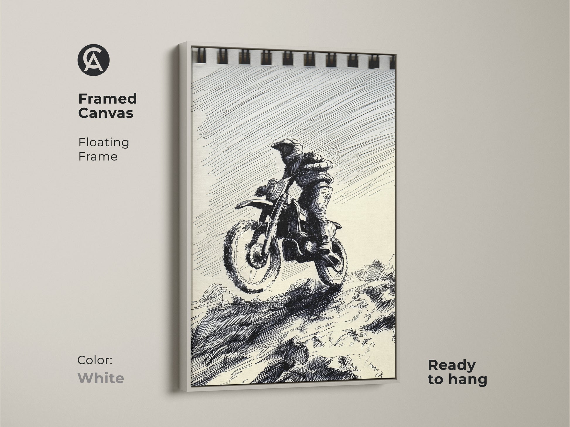 This framed canvas print features a Motocross Rider in sketch art. The floating frame is white and the art style is black and white with ink drawing. Ready to hang and perfect for garages. It's a great gift for action sports enthusiasts and motocross fans.