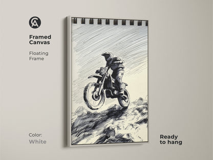 This framed canvas print features a Motocross Rider in sketch art. The floating frame is white and the art style is black and white with ink drawing. Ready to hang and perfect for garages. It's a great gift for action sports enthusiasts and motocross fans.