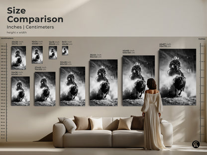 Size comparison of black and white rodeo artwork in inches and centimeters. View canvas and poster prints ranging from 16x24 to 45x67 inches. See how this cowboy art enhances your living room. Choose the perfect rustic western decor.