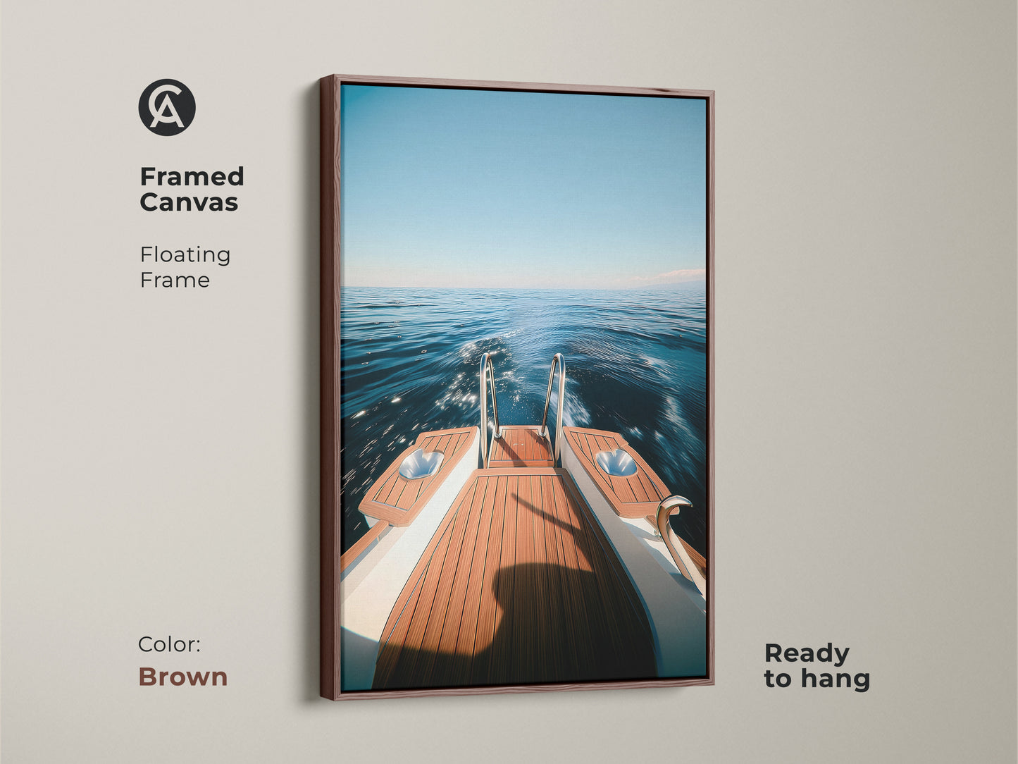 Add warmth to your decor with this framed yacht canvas art print. The brown floating frame complements the deep blue seascape. This coastal home decor brings nautical boat art to your space. Ready to hang this artwork is a thoughtful housewarming gift for boat owners. The luxury yacht art creates a modern nautical decor.