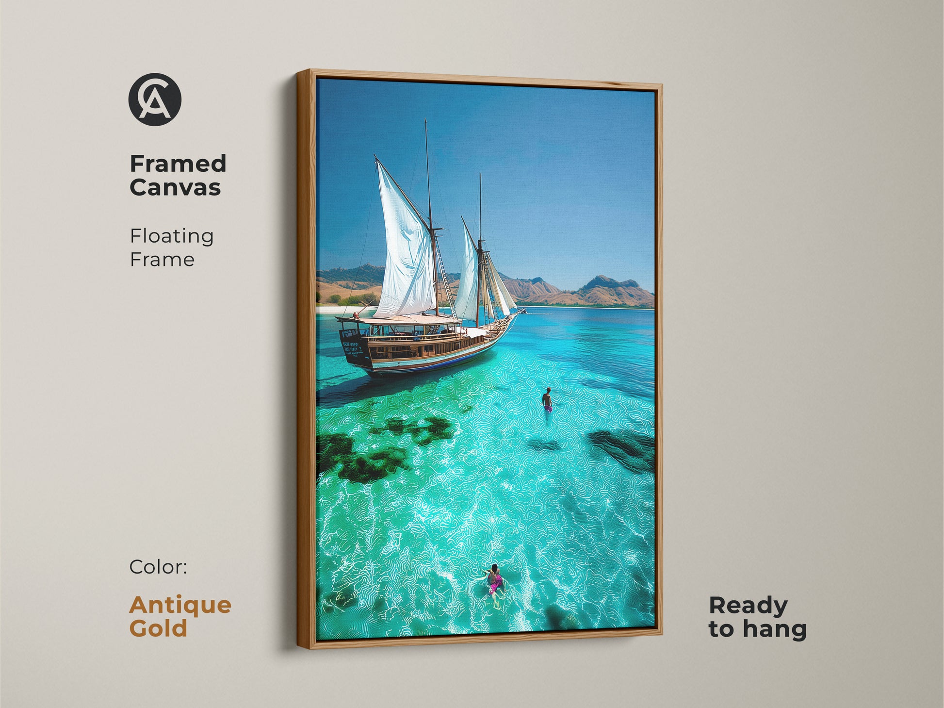 Decorate your space with our framed Coastal Wall Art featuring an antique gold frame. A sailboat print captures a turquoise ocean scene. This beach travel art nautical home decor gift features a sailboat gliding through crystal waters. Swimmers enjoy the refreshing sea adding tranquility to any room.
