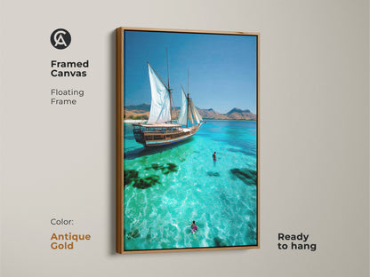 Decorate your space with our framed Coastal Wall Art featuring an antique gold frame. A sailboat print captures a turquoise ocean scene. This beach travel art nautical home decor gift features a sailboat gliding through crystal waters. Swimmers enjoy the refreshing sea adding tranquility to any room.