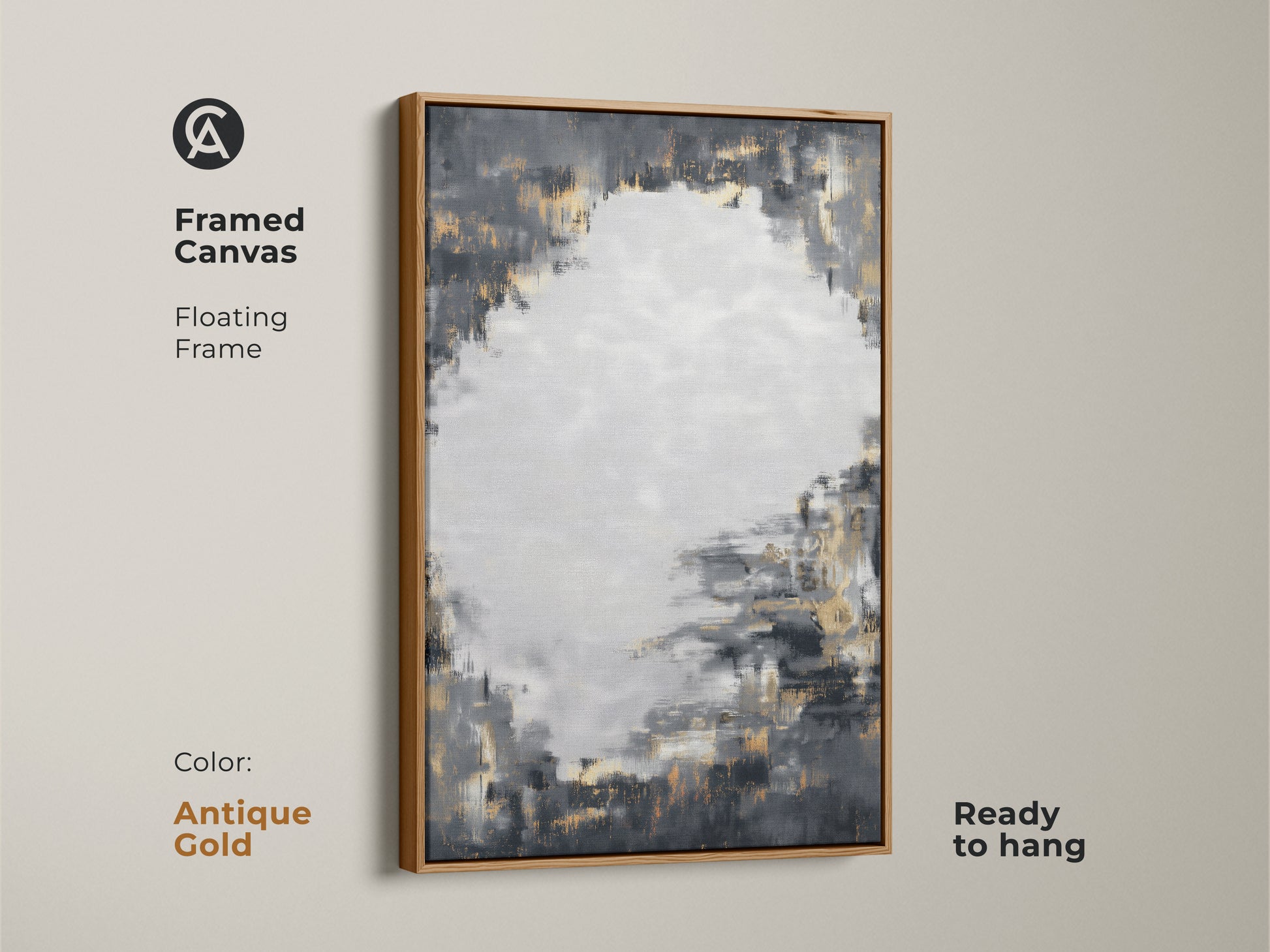Framed canvas art displays charcoal grey and gold abstract design with an antique gold floating frame. This ready-to-hang piece adds a sophisticated touch. The contemporary artwork enhances a living room or office. Its neutral palette with metallic accents complements various decor styles.