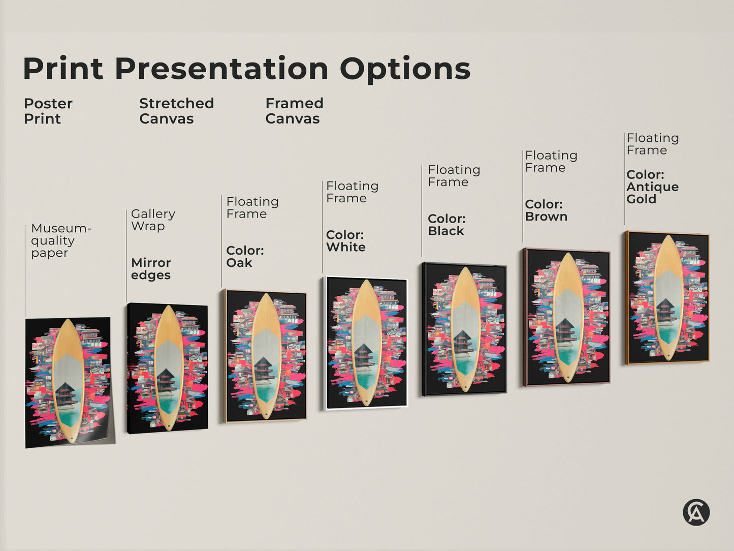 Print presentation options featuring surfboard collage art. Choose from poster print stretched canvas and framed canvas. Frames available in oak white black brown and antique gold. The eclectic teal blue pink artwork suits various decor styles. Add a unique artistic touch.