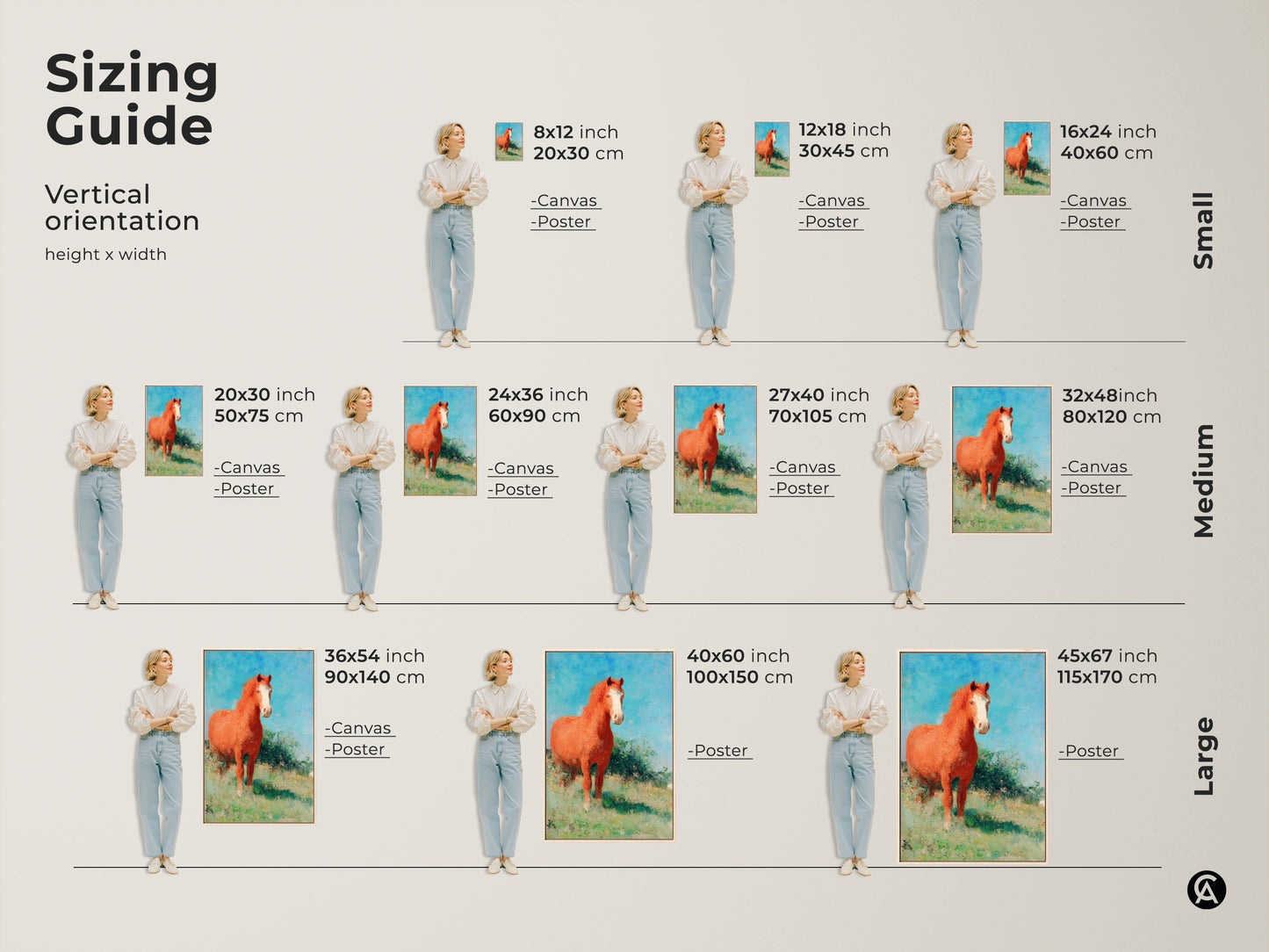 Sizing guide for vertical equestrian canvas art and posters. Visualize different sizes from small to large with a model. Find the perfect fit for your space whether it's 8x12 inch or 45x67 inch. Choose the ideal size for your impressionist horse canvas or rustic landscape print to enhance your home decor.