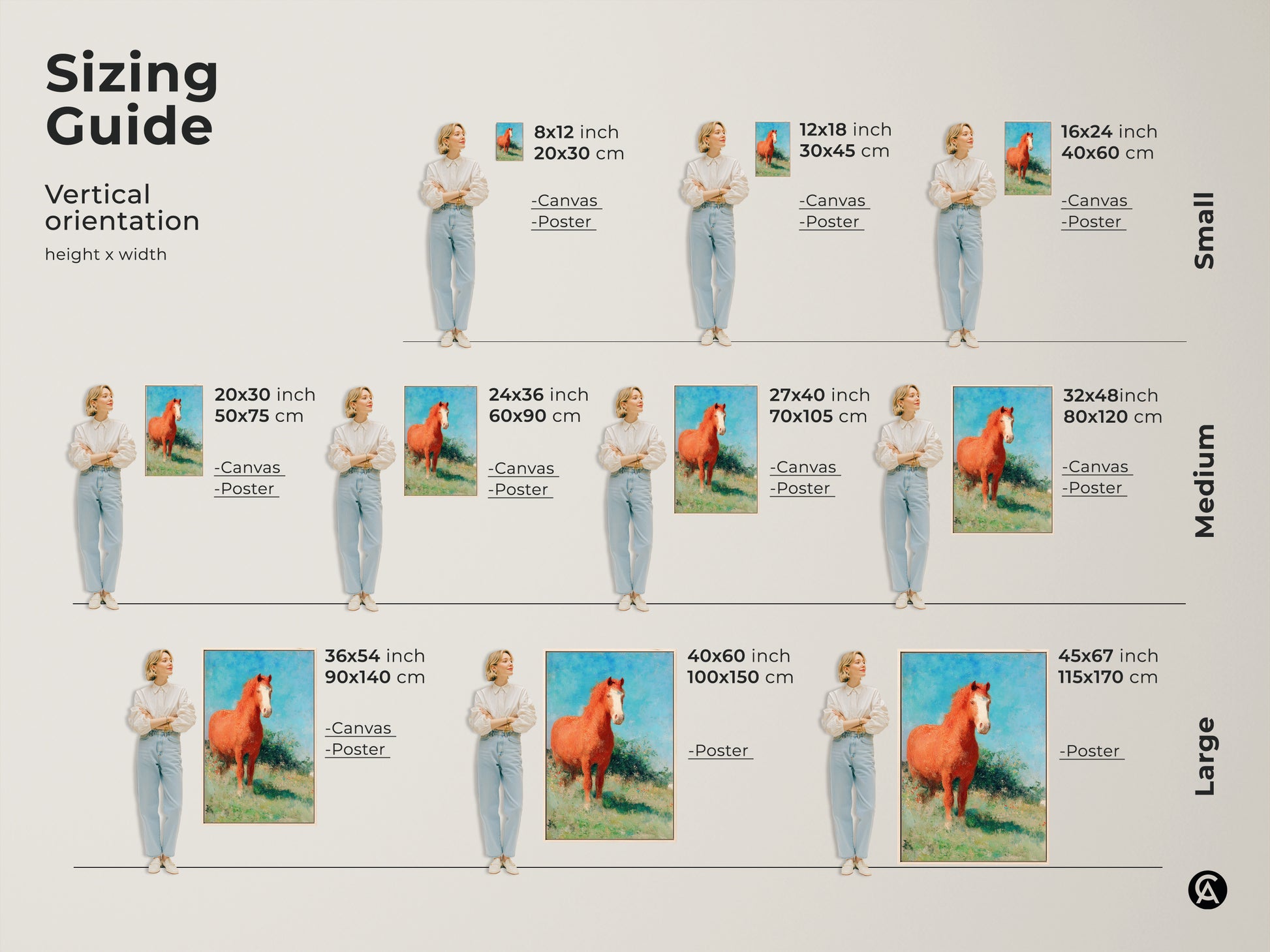 Sizing guide for vertical equestrian canvas art and posters. Visualize different sizes from small to large with a model. Find the perfect fit for your space whether it's 8x12 inch or 45x67 inch. Choose the ideal size for your impressionist horse canvas or rustic landscape print to enhance your home decor.